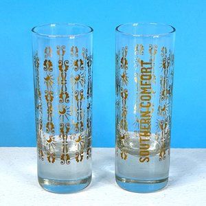 Southern Comfort Shot Glass 4" Tall Skinny Cup Gold Imprint Whiskey Set‎ of 2